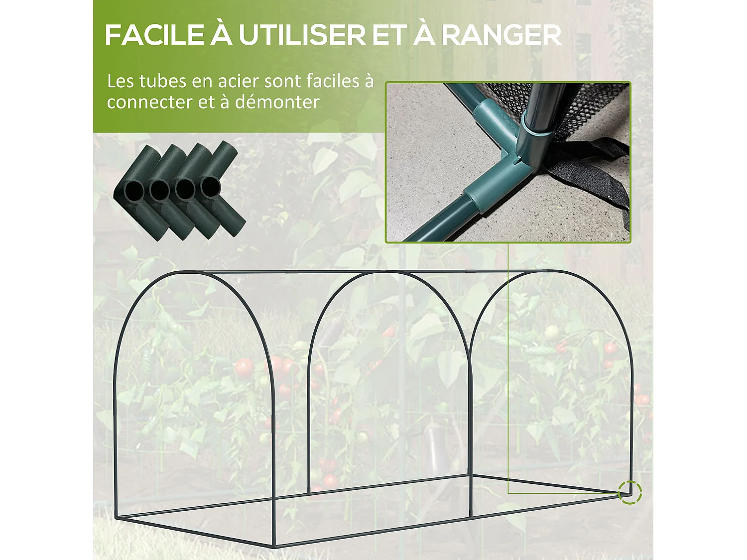 Serre tunnel de jardin serre à tomates filet protection solaire 2 portes zippées enroulables acier HDPE vert