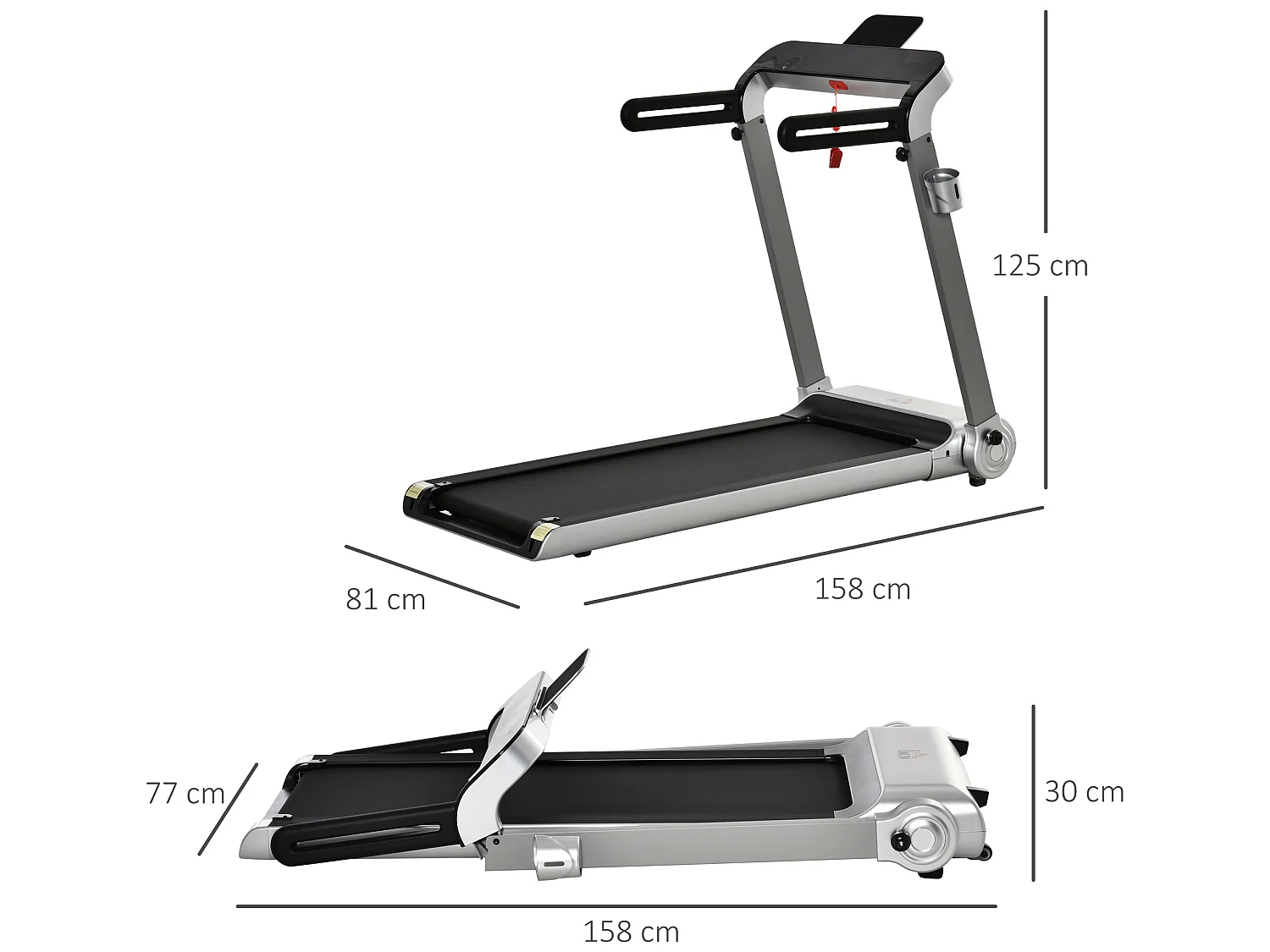 Tapis électrique de course pliable 1-15 Km/h 735 W grand écran LED large bande de roulement port USB clé sécurité acier PP gris noir