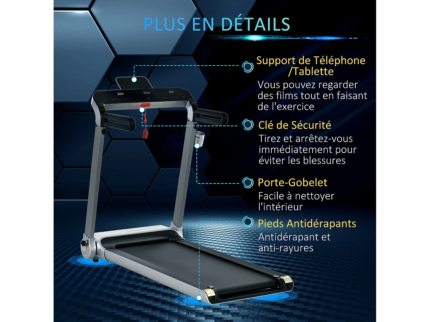 Tapis électrique de course pliable 1-15 Km/h 735 W grand écran LED large bande de roulement port USB clé sécurité acier PP gris noir