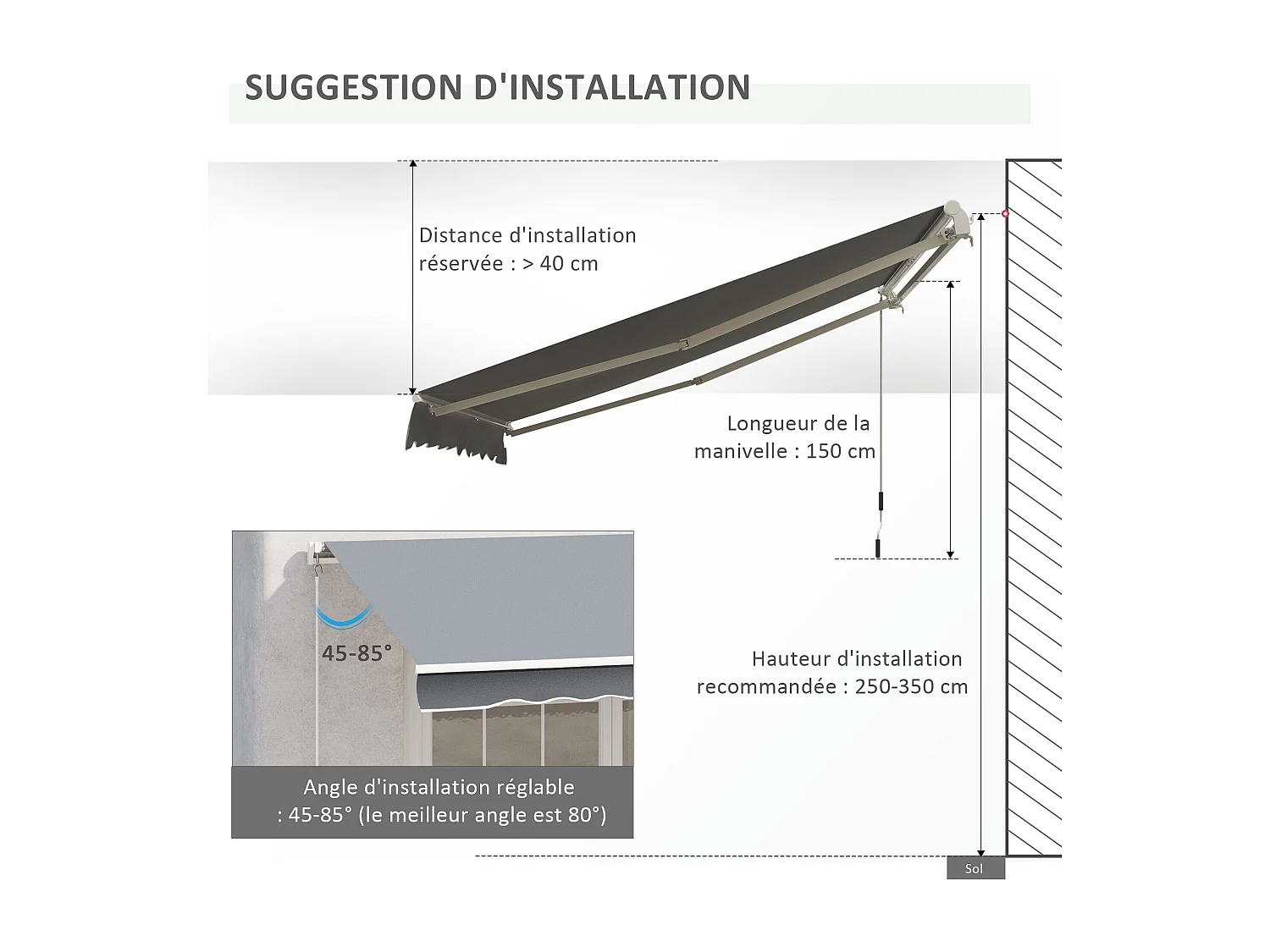 Store banne manuel rétractable aluminium polyester imperméabilisé 3L x 2,5l m gris