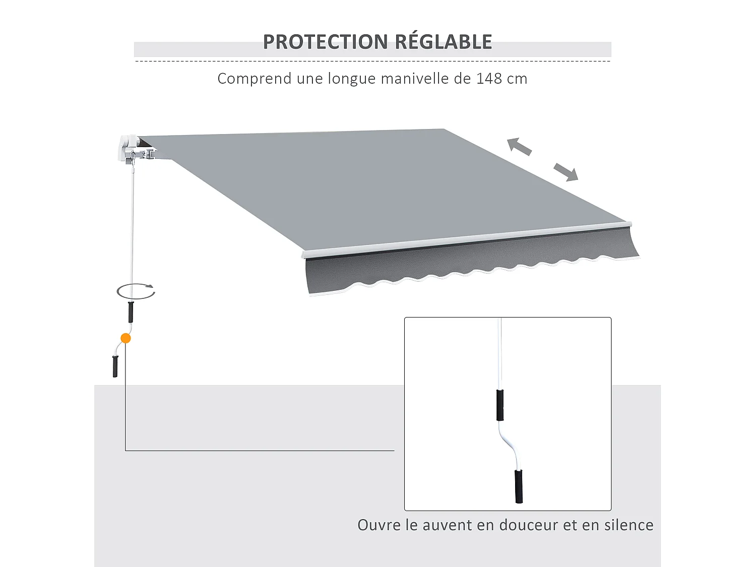 Store banne manuel rétractable aluminium polyester imperméabilisé 3L x 2,5l m gris