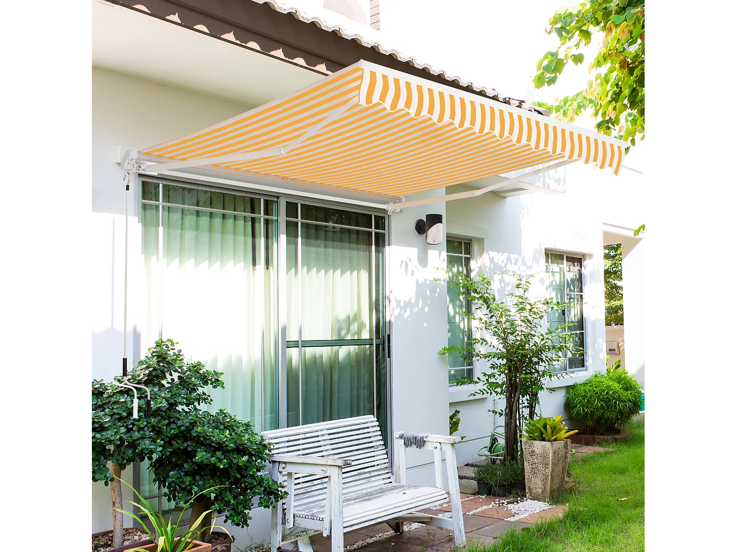 Store banne manuel rétractable aluminium polyester imperméabilisé 3L x 2,5l m orange blanc rayé