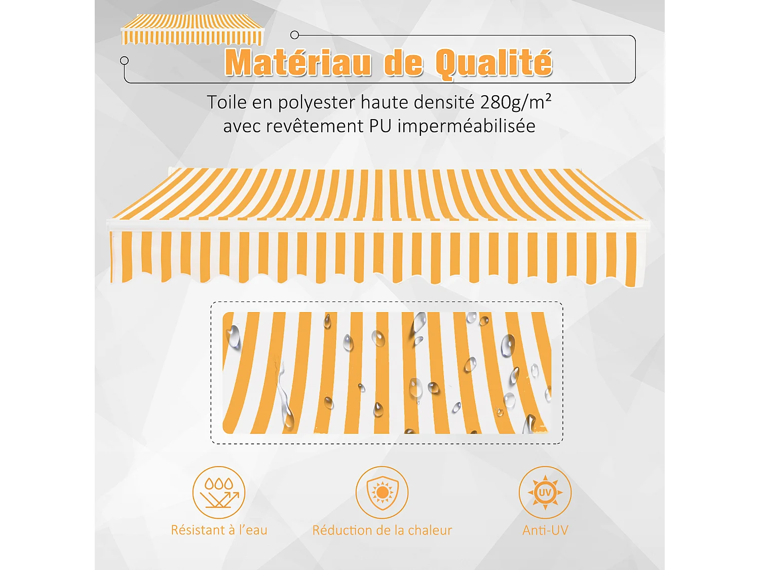 Store banne manuel rétractable aluminium polyester imperméabilisé 3L x 2,5l m orange blanc rayé