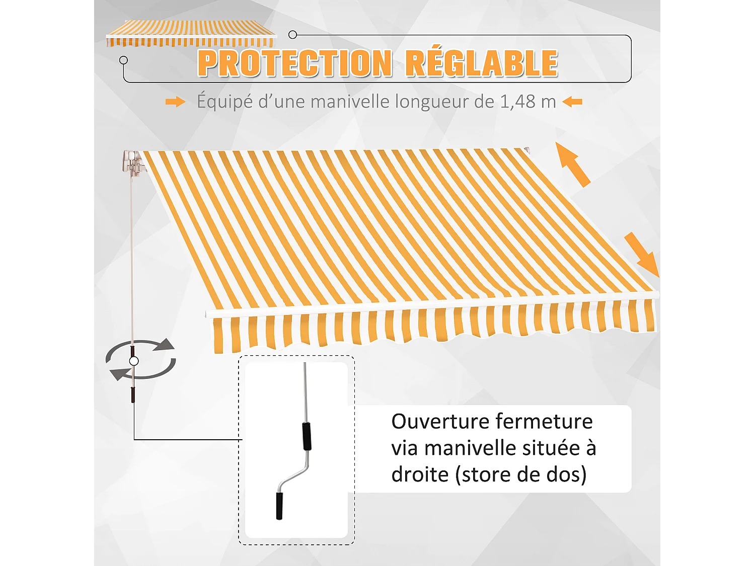 Store banne manuel rétractable aluminium polyester imperméabilisé 3L x 2,5l m orange blanc rayé