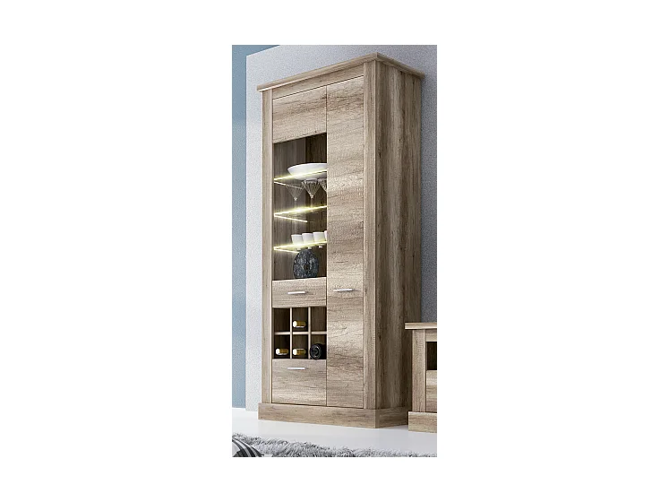 Armoire vitrine, buffet haut coloris Chêne vieilli - Longueur 96 x Profondeur 41 x Hauteur 201 cm