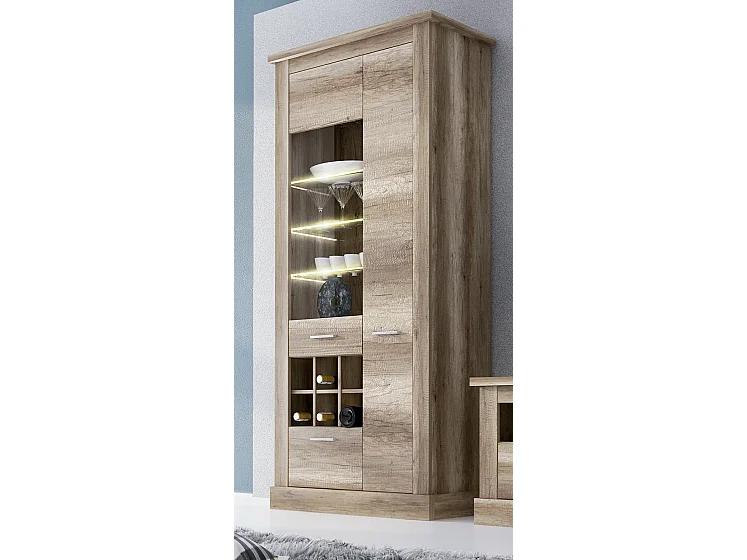 Armoire vitrine, buffet haut coloris Chêne vieilli - Longueur 96 x Profondeur 41 x Hauteur 201 cm