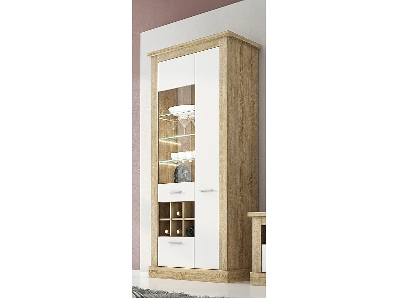 Armoire vitrine, buffet haut coloris Chêne cambrian,blanc - Longueur 96 x Profondeur 41 x Hauteur 201 cm