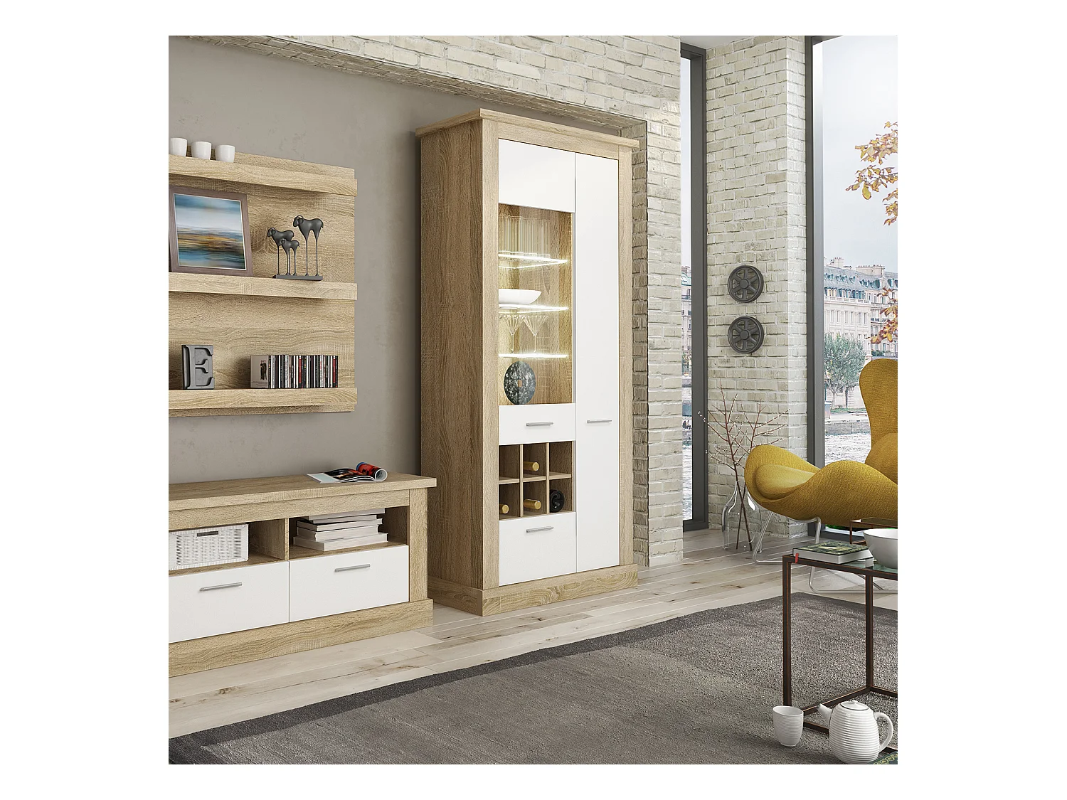 Armoire vitrine, buffet haut coloris Chêne cambrian,blanc - Longueur 96 x Profondeur 41 x Hauteur 201 cm