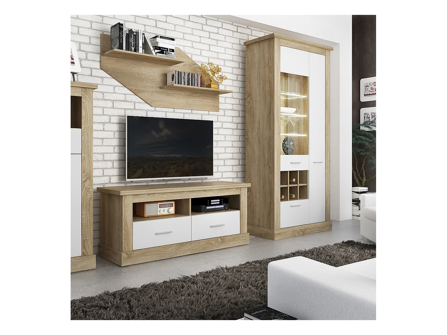 Armoire vitrine, buffet haut coloris Chêne cambrian,blanc - Longueur 96 x Profondeur 41 x Hauteur 201 cm