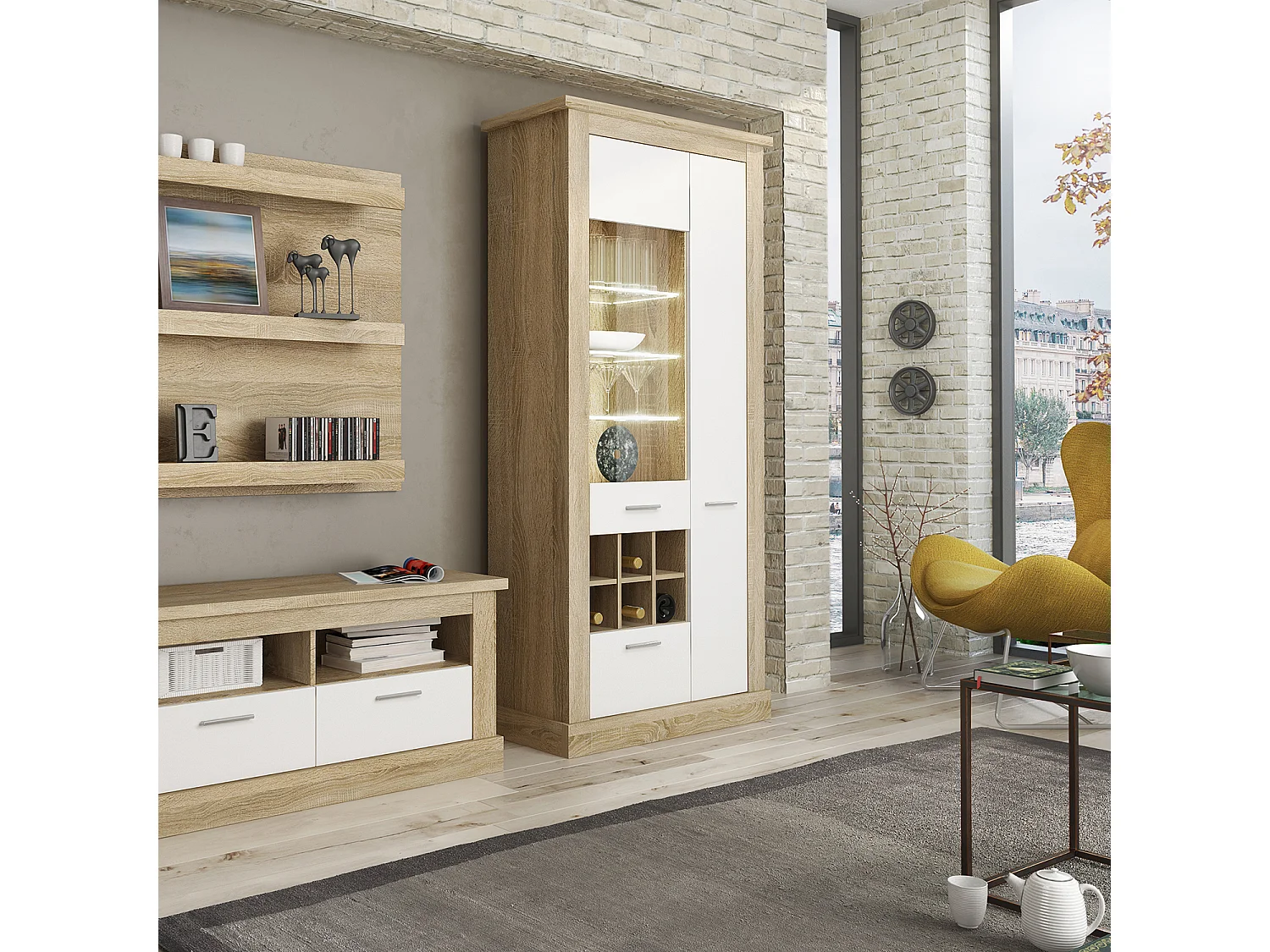 Armoire vitrine, buffet haut coloris Chêne cambrian,blanc - Longueur 96 x Profondeur 41 x Hauteur 201 cm