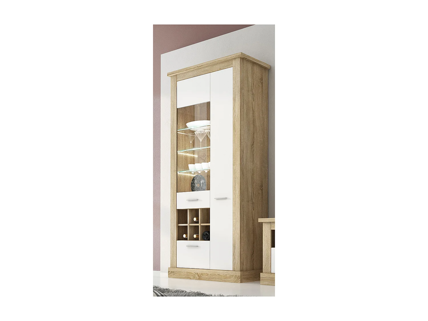 Armoire vitrine, buffet haut coloris Chêne cambrian,blanc - Longueur 96 x Profondeur 41 x Hauteur 201 cm
