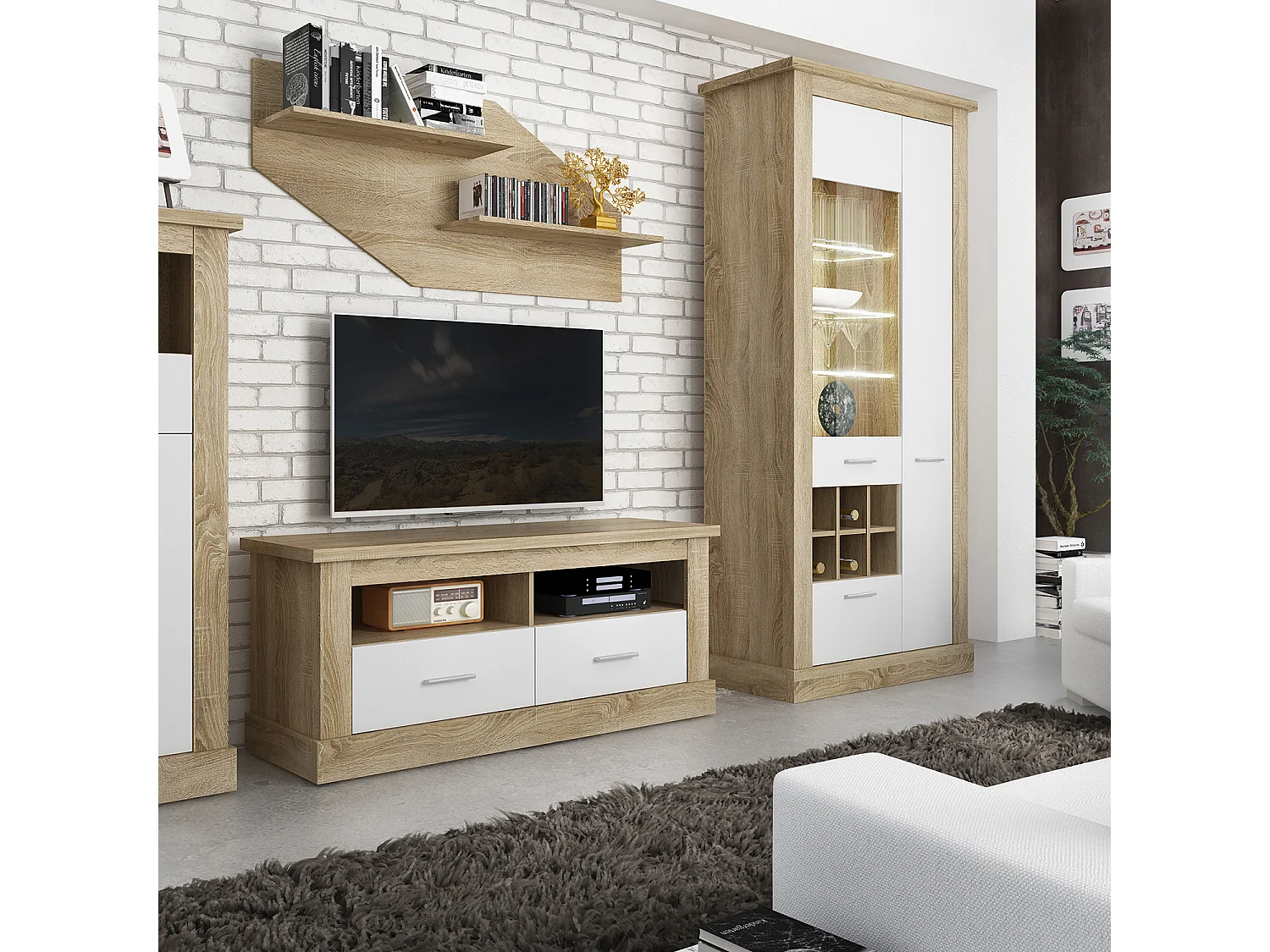 Armoire vitrine, buffet haut coloris Chêne cambrian,blanc - Longueur 96 x Profondeur 41 x Hauteur 201 cm
