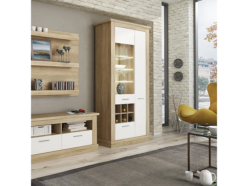 Armoire vitrine, buffet haut coloris Chêne cambrian,blanc - Longueur 96 x Profondeur 41 x Hauteur 201 cm