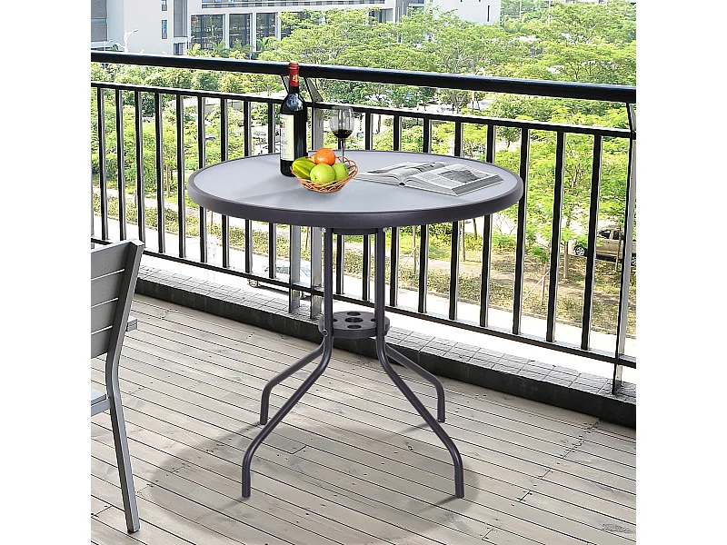 Table ronde bistro de jardin dim. Ø 80 x 72H cm espace installation parasol acier époxy noir plateau verre trempé