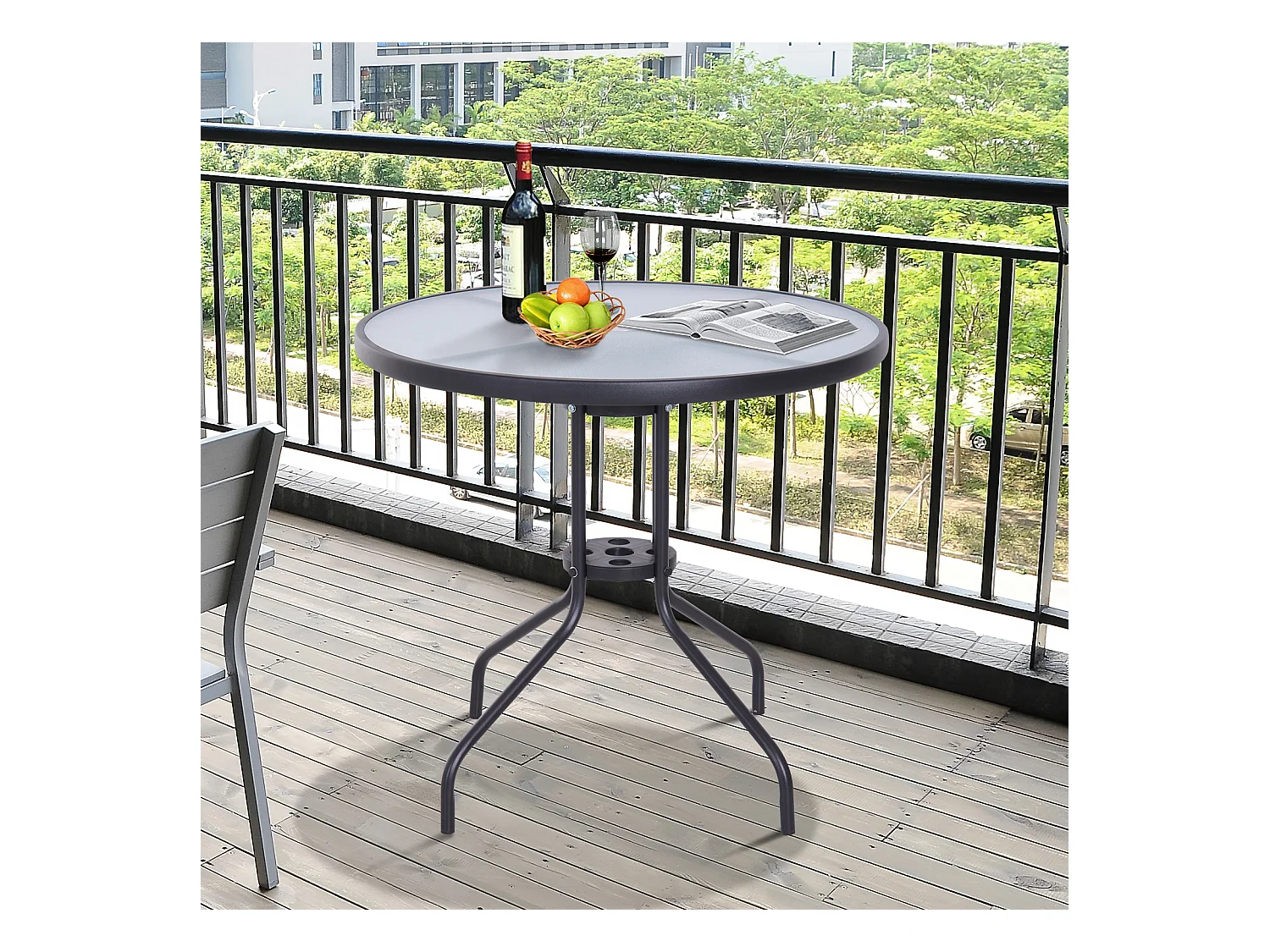 Table ronde bistro de jardin dim. Ø 80 x 72H cm espace installation parasol acier époxy noir plateau verre trempé