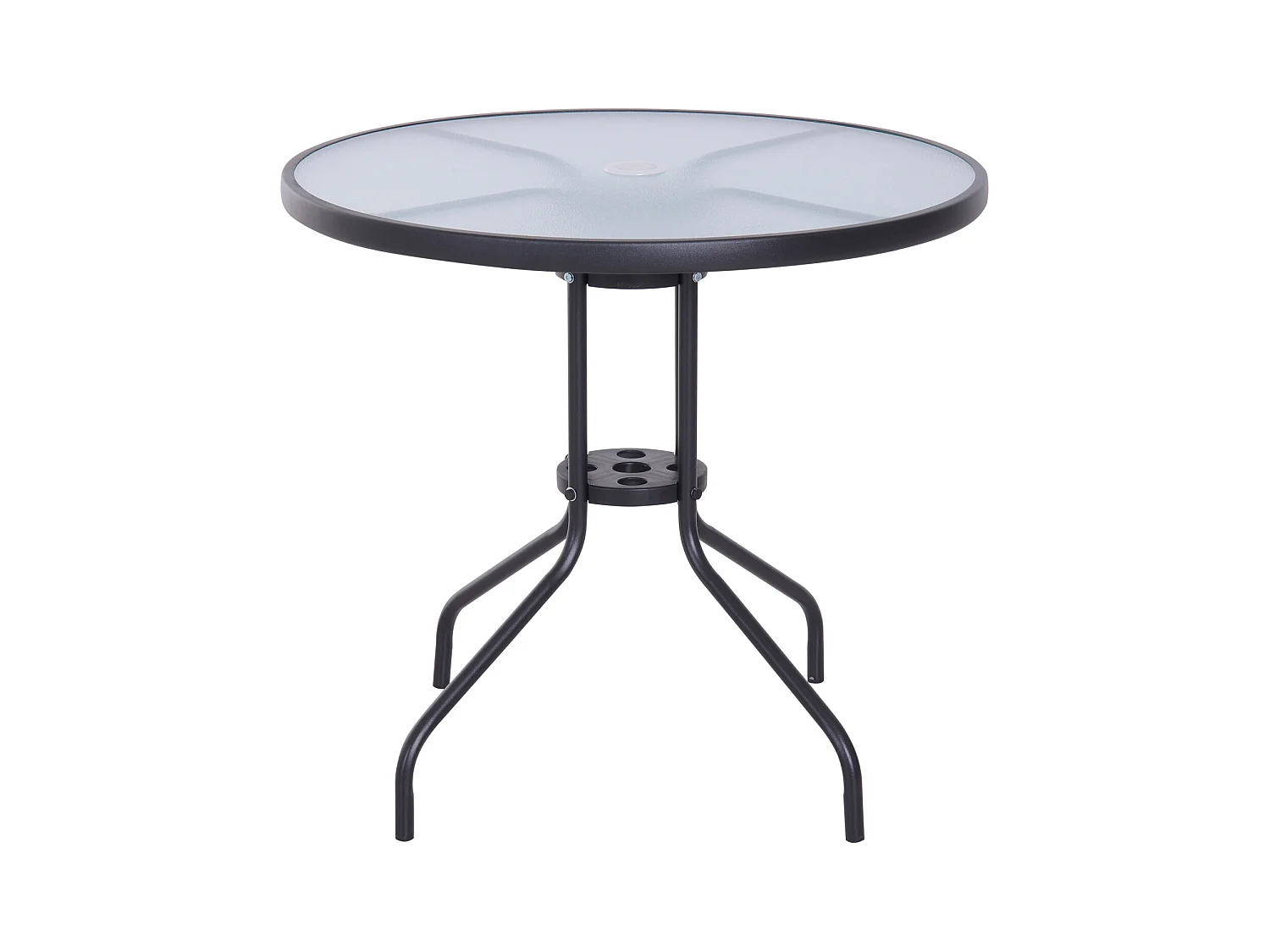 Table ronde bistro de jardin dim. Ø 80 x 72H cm espace installation parasol acier époxy noir plateau verre trempé