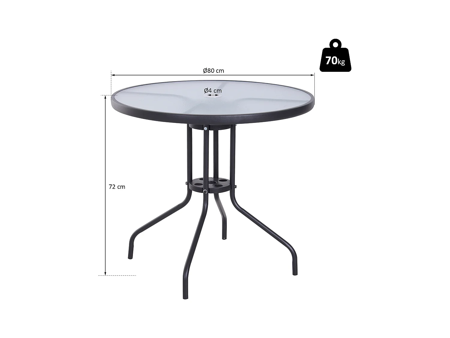 Table ronde bistro de jardin dim. Ø 80 x 72H cm espace installation parasol acier époxy noir plateau verre trempé