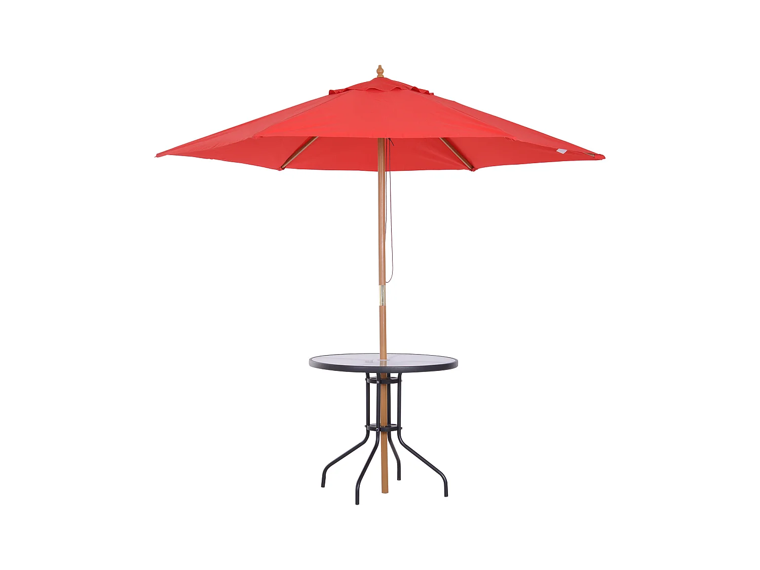 Table ronde bistro de jardin dim. Ø 80 x 72H cm espace installation parasol acier époxy noir plateau verre trempé
