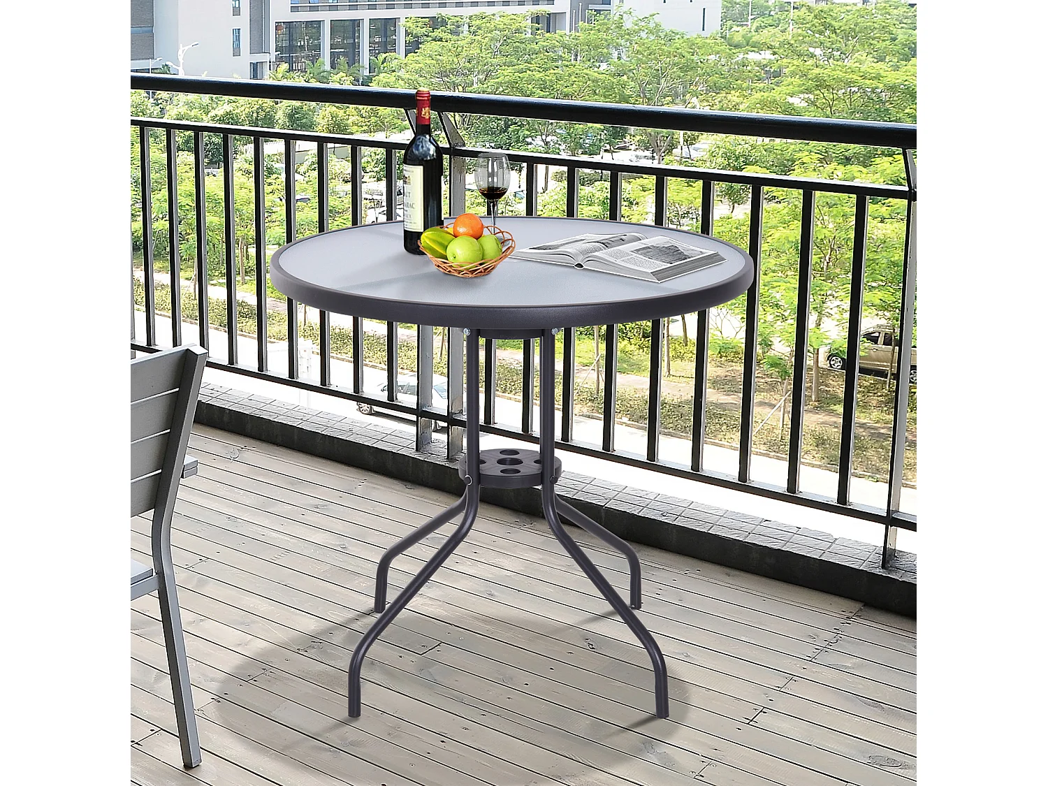 Table ronde bistro de jardin dim. Ø 80 x 72H cm espace installation parasol acier époxy noir plateau verre trempé