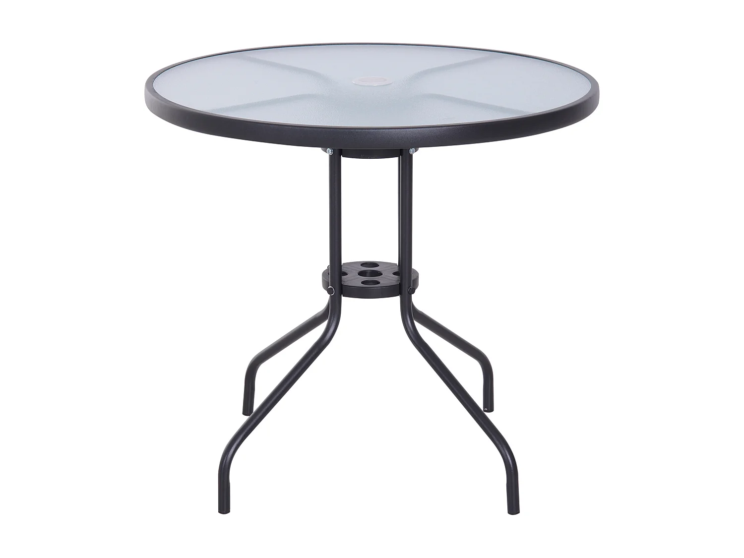 Table ronde bistro de jardin dim. Ø 80 x 72H cm espace installation parasol acier époxy noir plateau verre trempé
