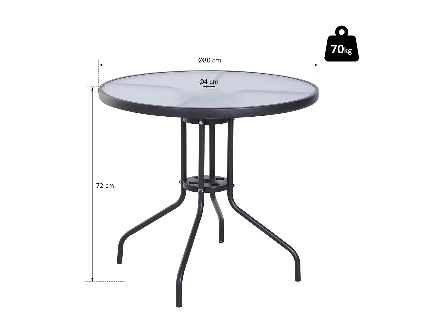 Table ronde bistro de jardin dim. Ø 80 x 72H cm espace installation parasol acier époxy noir plateau verre trempé