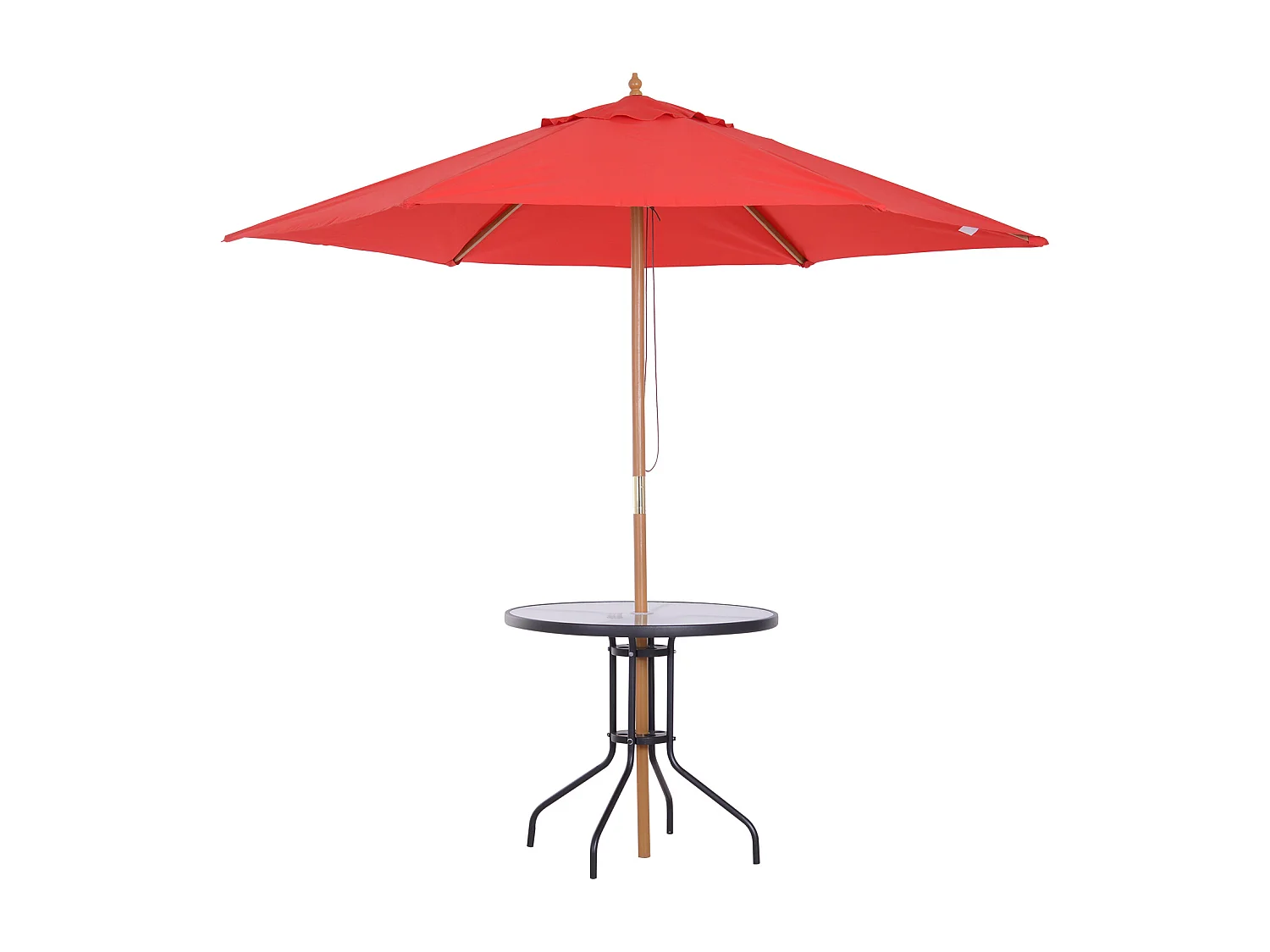 Table ronde bistro de jardin dim. Ø 80 x 72H cm espace installation parasol acier époxy noir plateau verre trempé