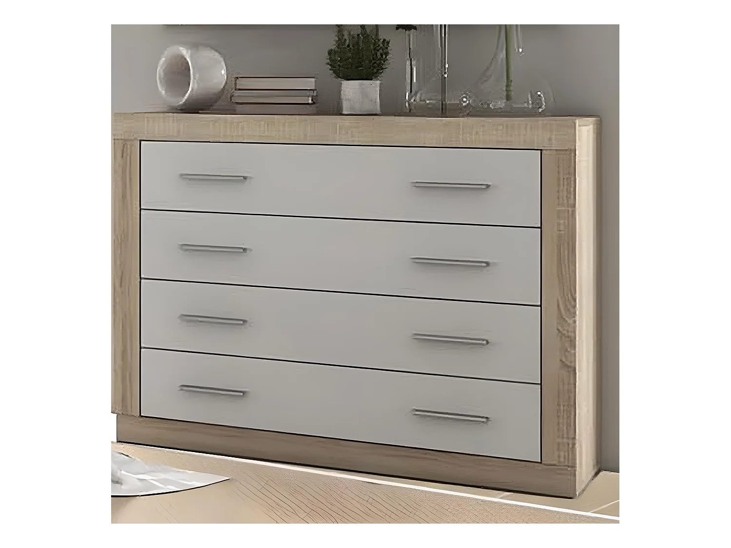 Buffet commode, meuble de rangement 4 tiroirs coloris chêne cambrian, blanc - Longueur 98 x Profondeur 39,6 x Hauteur 81,5 cm