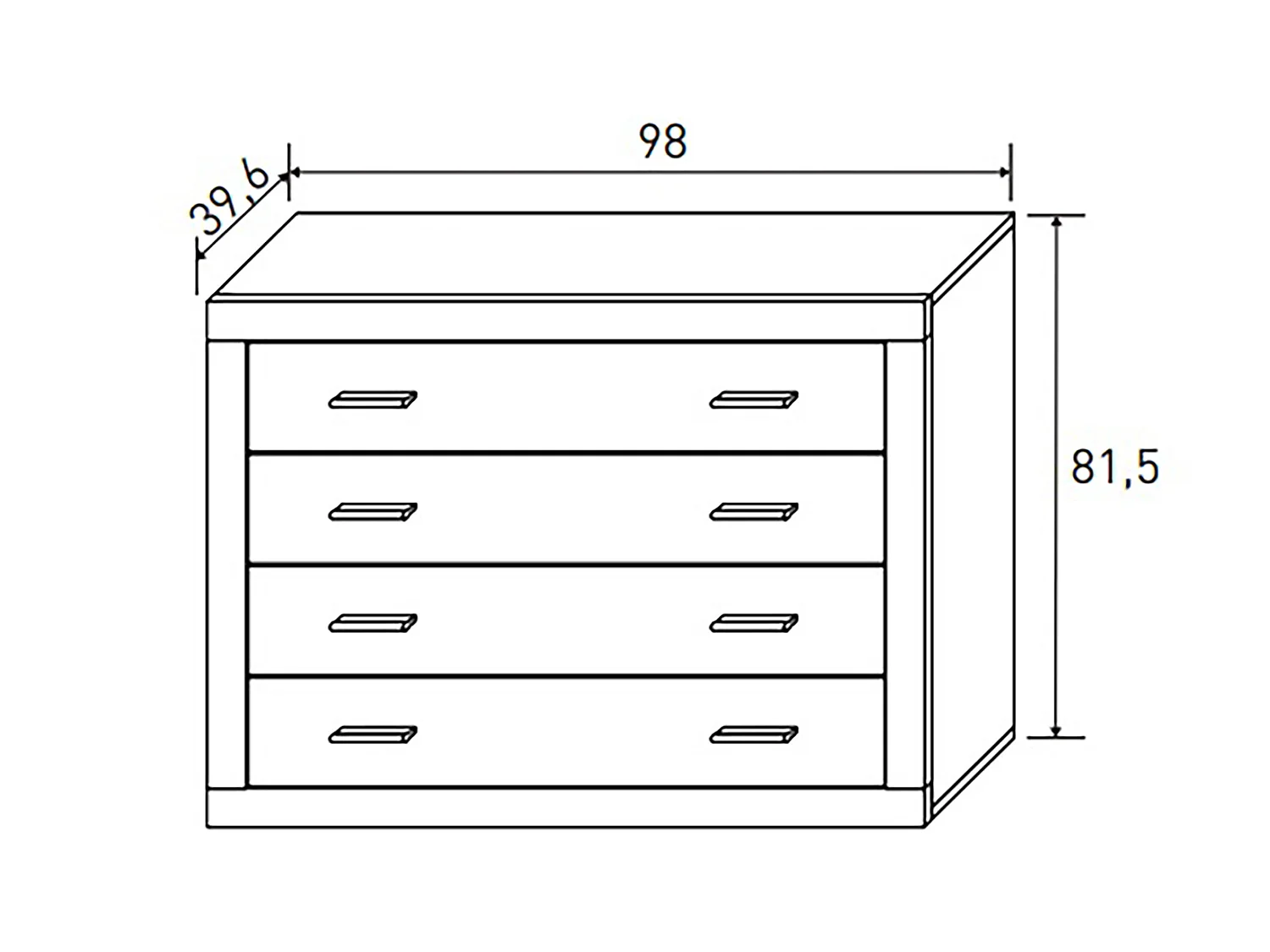 Buffet commode, meuble de rangement 4 tiroirs coloris chêne cambrian, blanc - Longueur 98 x Profondeur 39,6 x Hauteur 81,5 cm