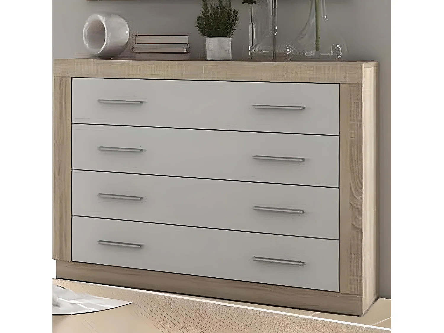 Buffet commode, meuble de rangement 4 tiroirs coloris chêne cambrian, blanc - Longueur 98 x Profondeur 39,6 x Hauteur 81,5 cm