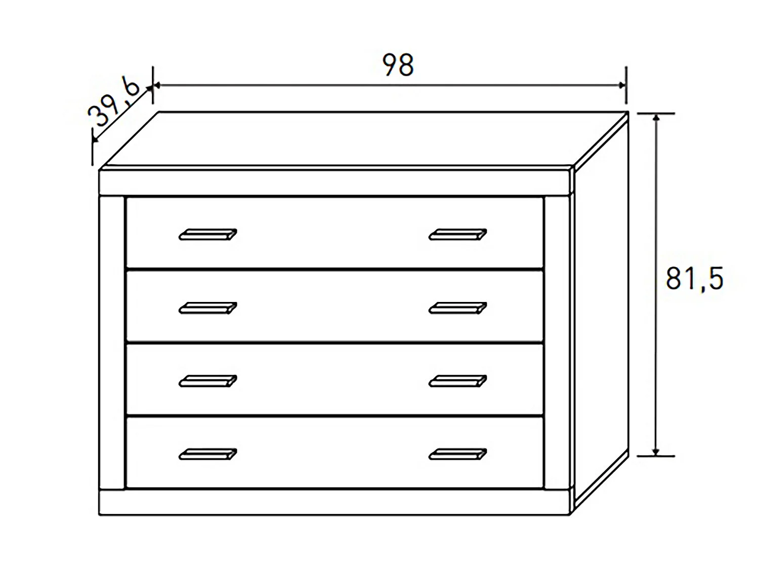 Buffet commode, meuble de rangement 4 tiroirs coloris chêne cambrian, blanc - Longueur 98 x Profondeur 39,6 x Hauteur 81,5 cm