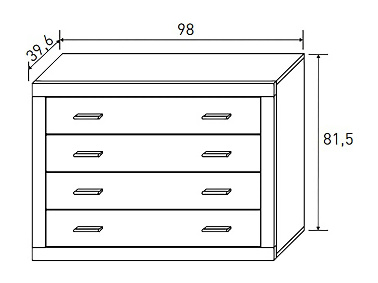 Buffet commode, meuble de rangement 4 tiroirs coloris chêne cambrian, blanc - Longueur 98 x Profondeur 39,6 x Hauteur 81,5 cm