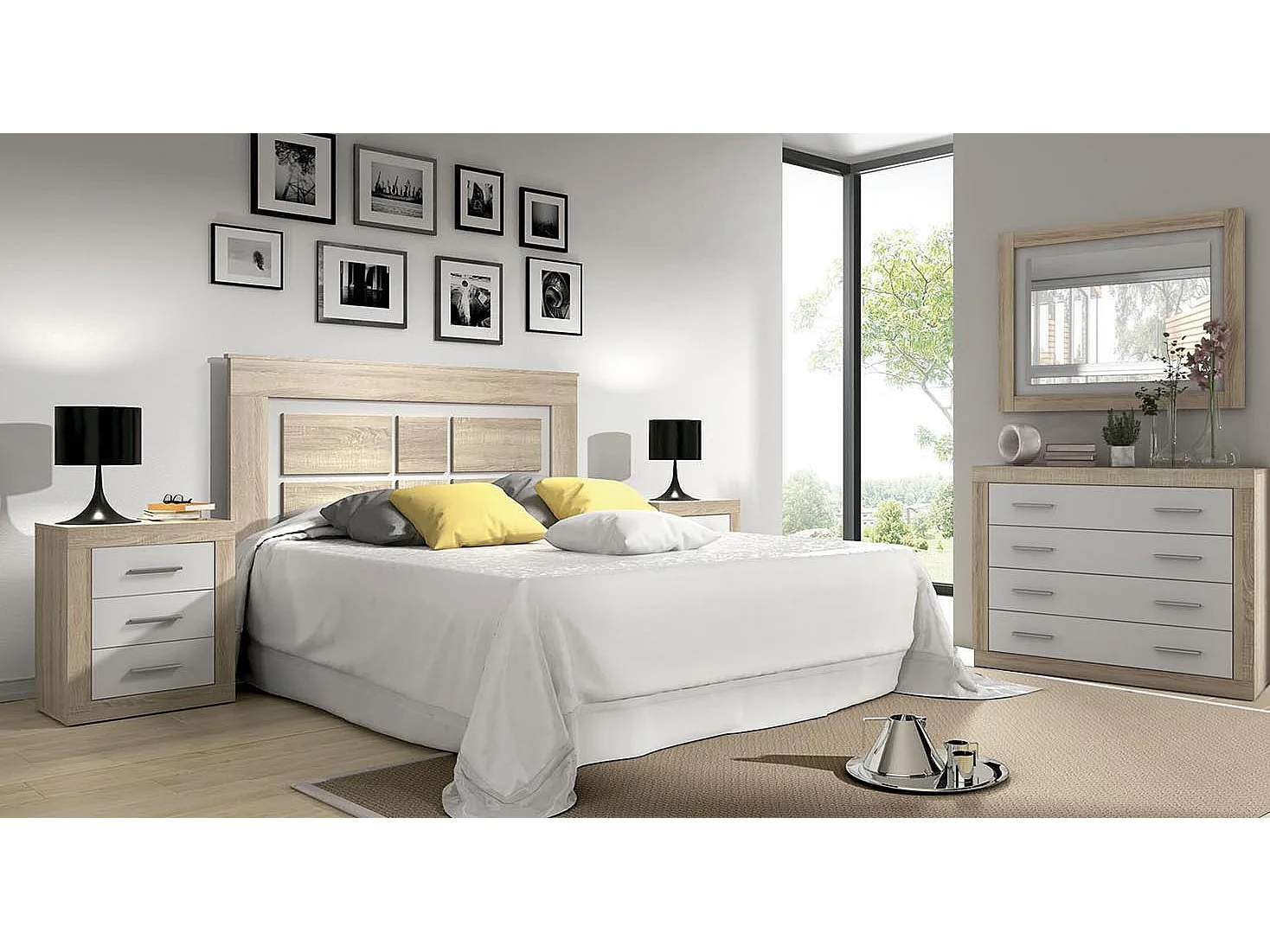 Buffet commode, meuble de rangement 4 tiroirs coloris chêne cambrian, blanc - Longueur 98 x Profondeur 39,6 x Hauteur 81,5 cm