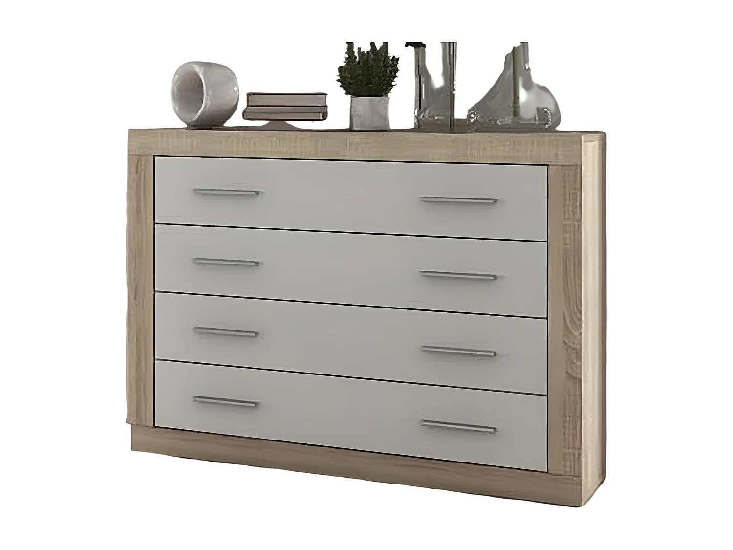 Buffet commode, meuble de rangement 4 tiroirs coloris chêne cambrian, blanc - Longueur 98 x Profondeur 39,6 x Hauteur 81,5 cm