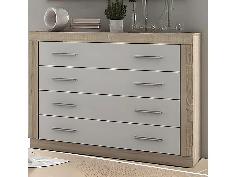 Buffet commode, meuble de rangement 4 tiroirs coloris chêne cambrian, blanc - Longueur 98 x Profondeur 39,6 x Hauteur 81,5 cm