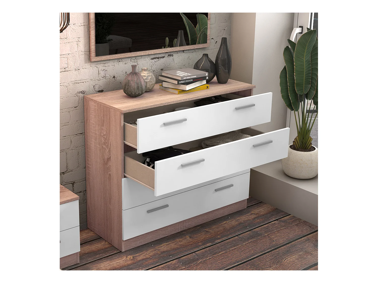 Buffet commode, meuble de rangement coloris chêne cambrian, blanc - Longueur 100 x Profondeur 40 x Hauteur 84 cm