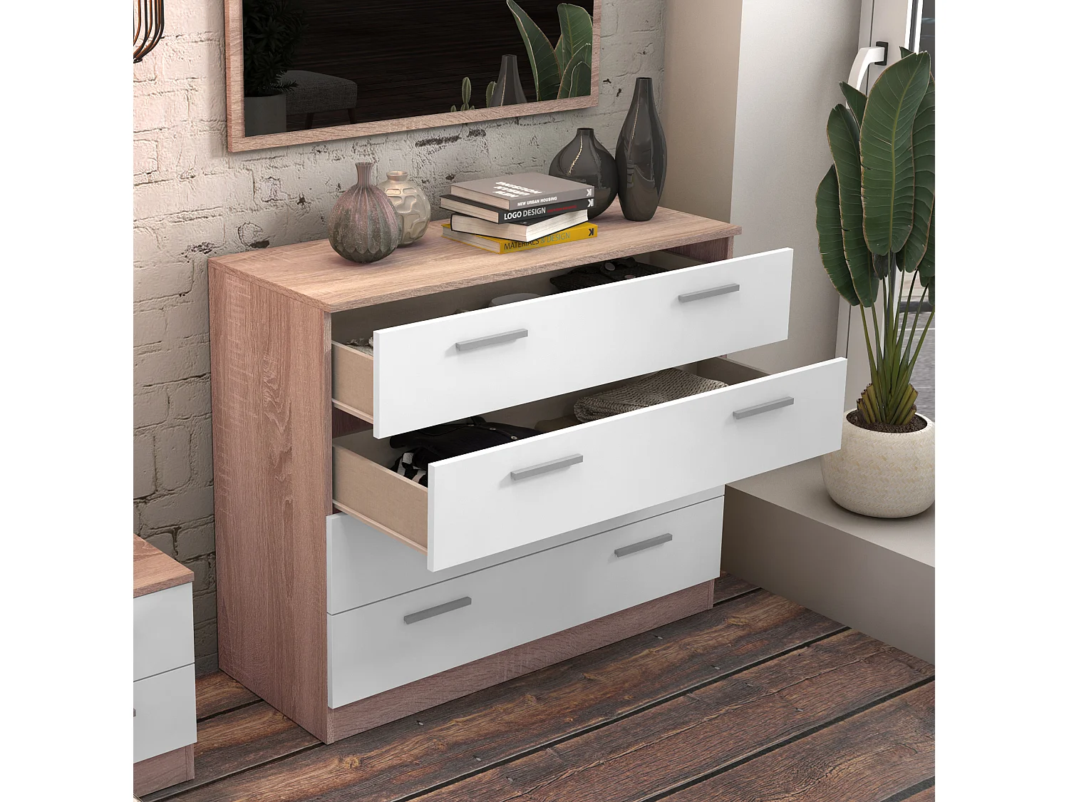 Buffet commode, meuble de rangement coloris chêne cambrian, blanc - Longueur 100 x Profondeur 40 x Hauteur 84 cm