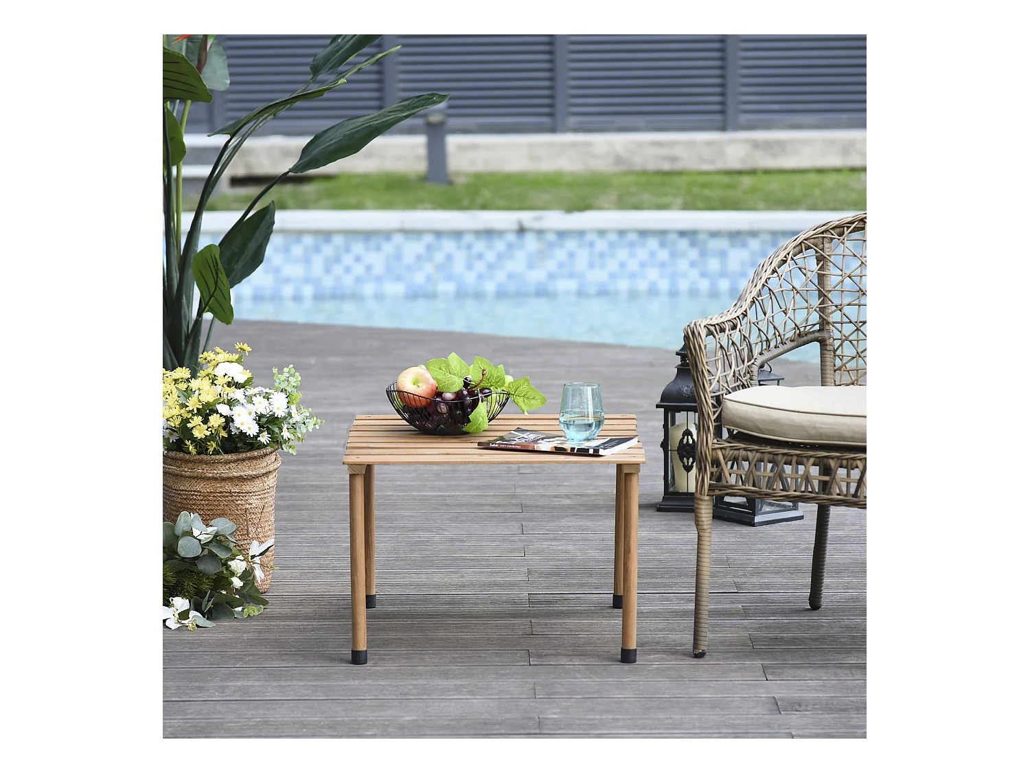 Table basse pliable de jardin camping plateau à lattes dim. 58L x 58l x 40H cm sac transport inclus bois sapin pré-huilé