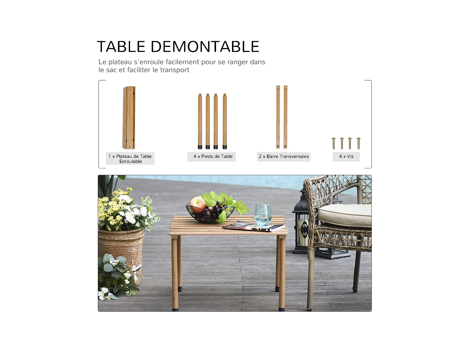 Table basse pliable de jardin camping plateau à lattes dim. 58L x 58l x 40H cm sac transport inclus bois sapin pré-huilé