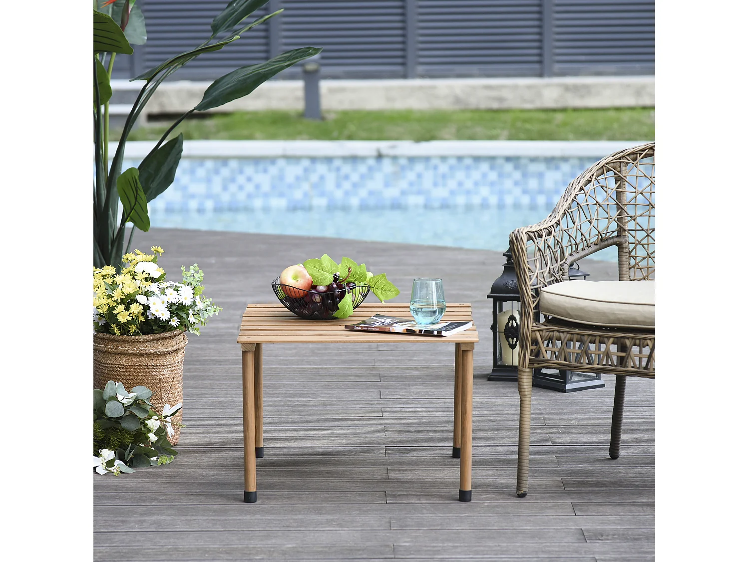 Table basse pliable de jardin camping plateau à lattes dim. 58L x 58l x 40H cm sac transport inclus bois sapin pré-huilé