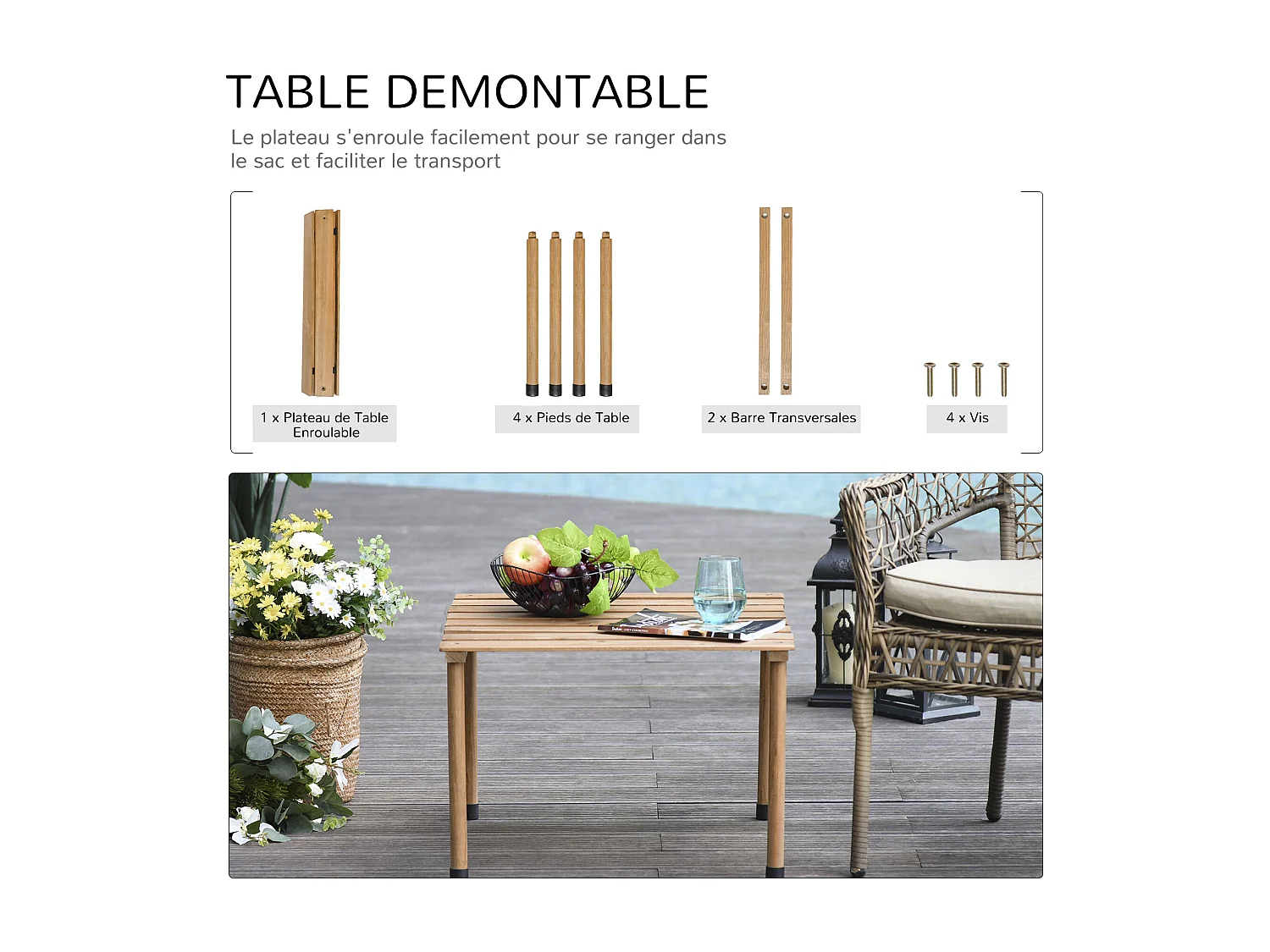 Table basse pliable de jardin camping plateau à lattes dim. 58L x 58l x 40H cm sac transport inclus bois sapin pré-huilé