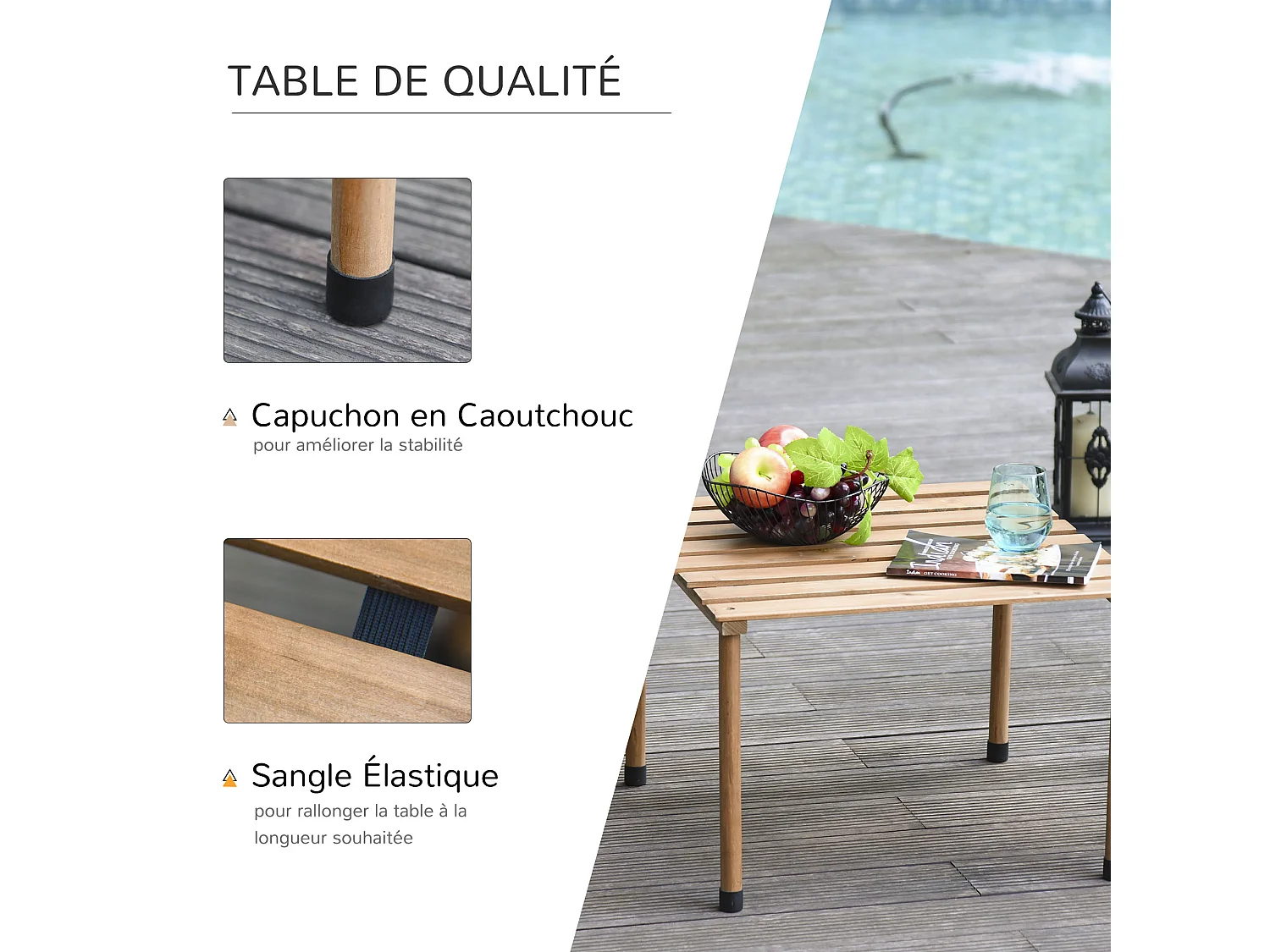 Table basse pliable de jardin camping plateau à lattes dim. 58L x 58l x 40H cm sac transport inclus bois sapin pré-huilé