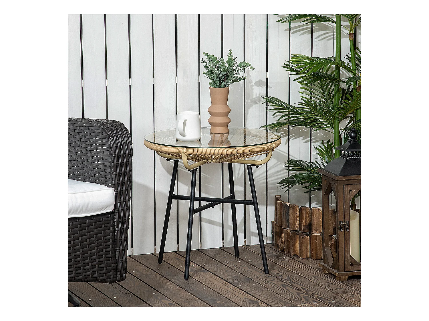 Table basse ronde de jardin en résine aspect rotin métal et plateau verre trempé Ø 50 x 50H cm beige