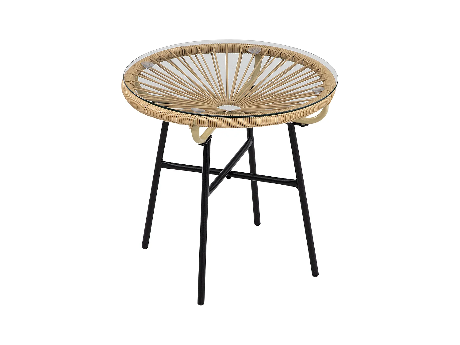 Table basse ronde de jardin en résine aspect rotin métal et plateau verre trempé Ø 50 x 50H cm beige