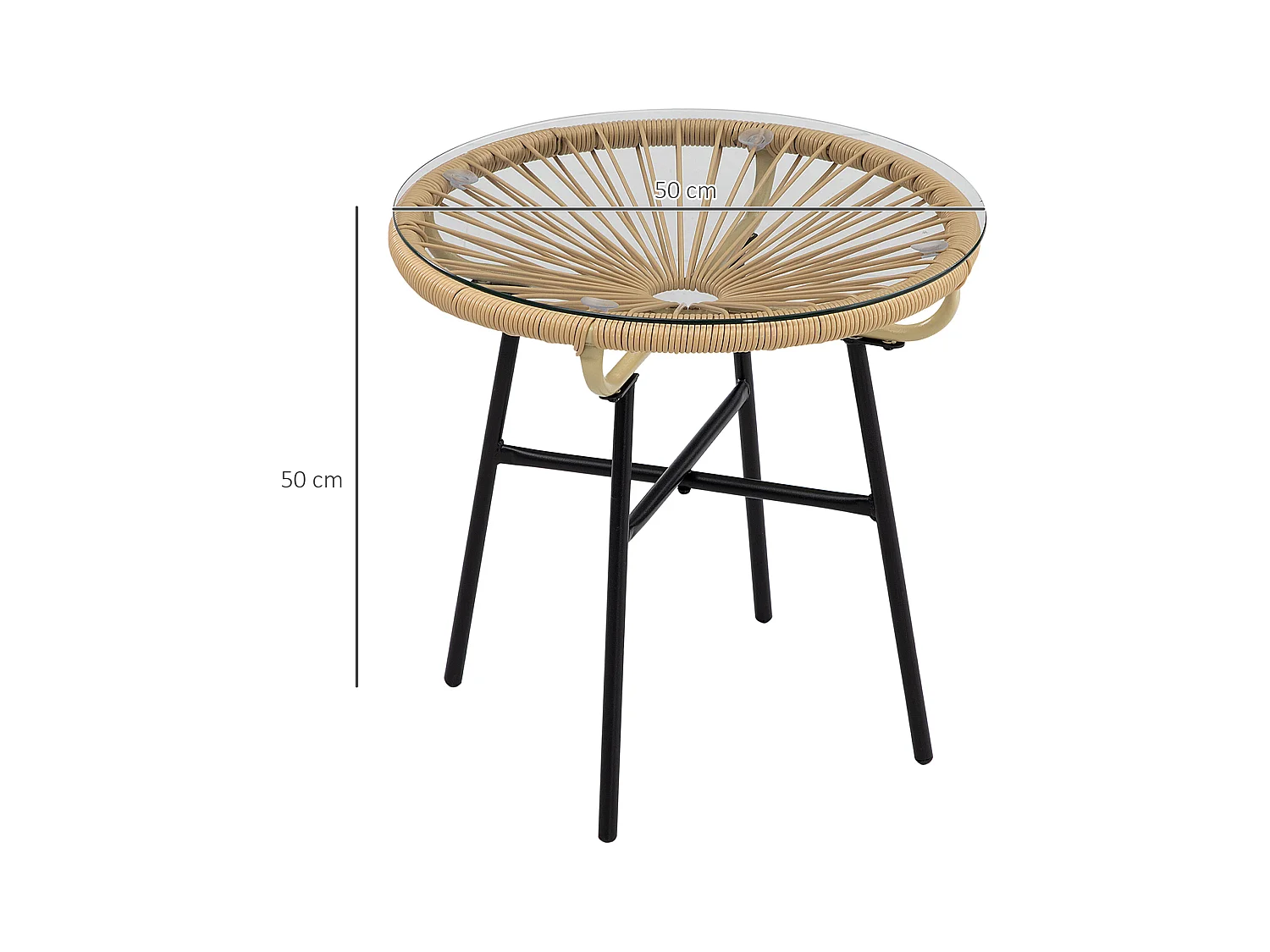 Table basse ronde de jardin en résine aspect rotin métal et plateau verre trempé Ø 50 x 50H cm beige