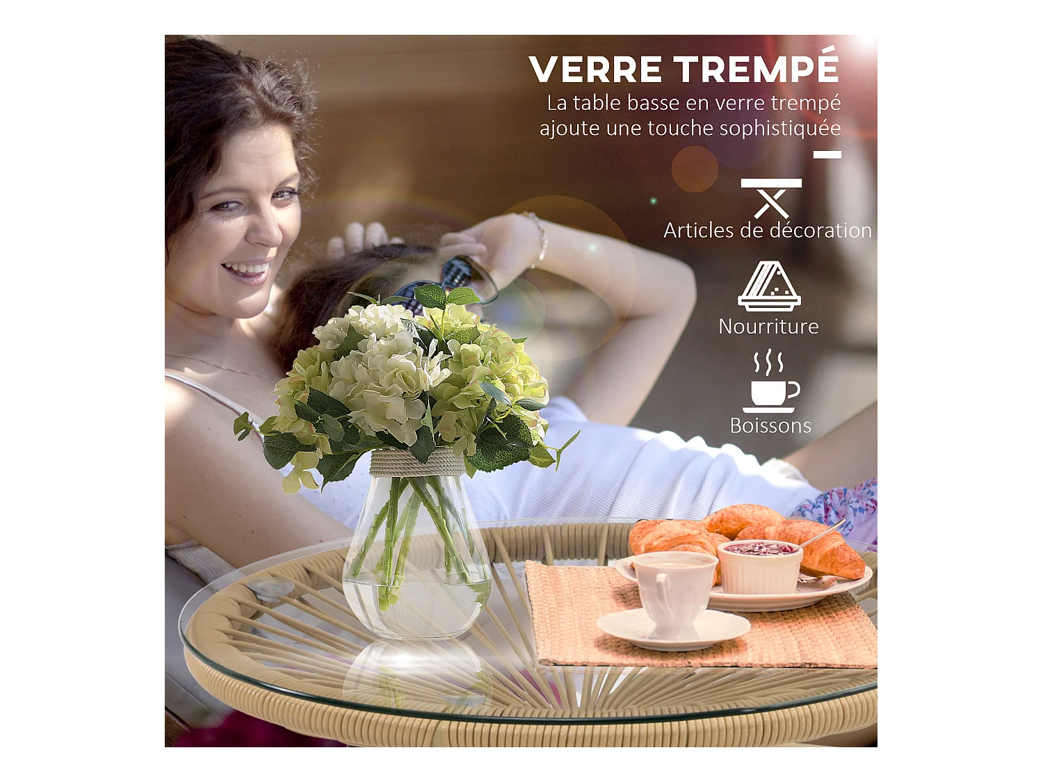 Table basse ronde de jardin en résine aspect rotin métal et plateau verre trempé Ø 50 x 50H cm beige