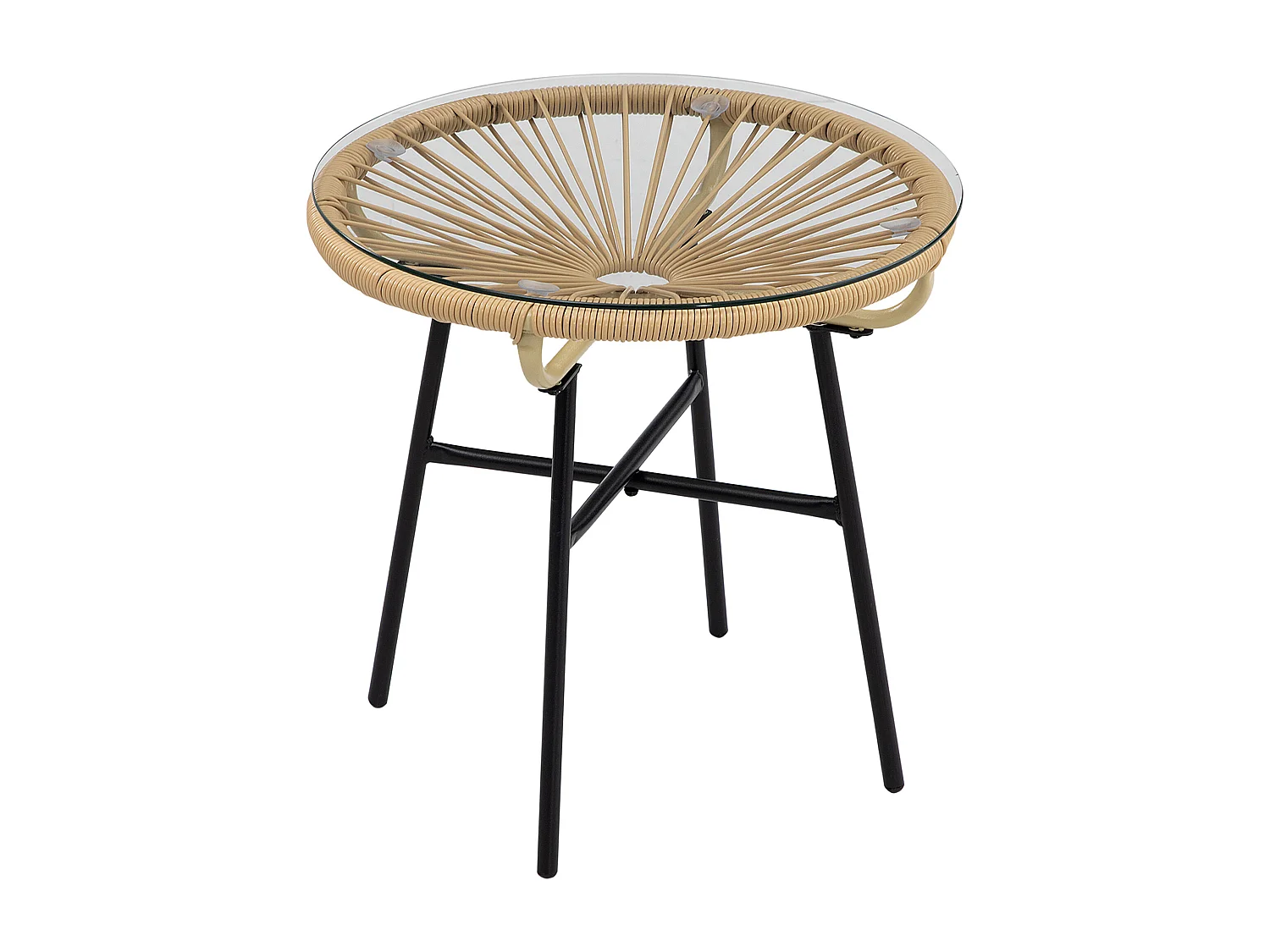 Table basse ronde de jardin en résine aspect rotin métal et plateau verre trempé Ø 50 x 50H cm beige