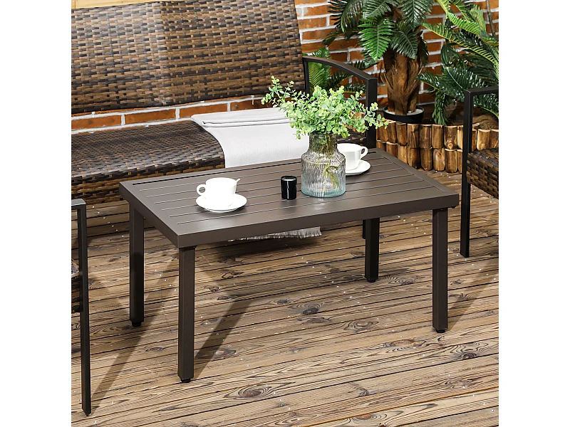 Table basse rectangulaire de jardin plateau à lattes pieds réglables dim. 91L x 51l x 46H cm acier marron