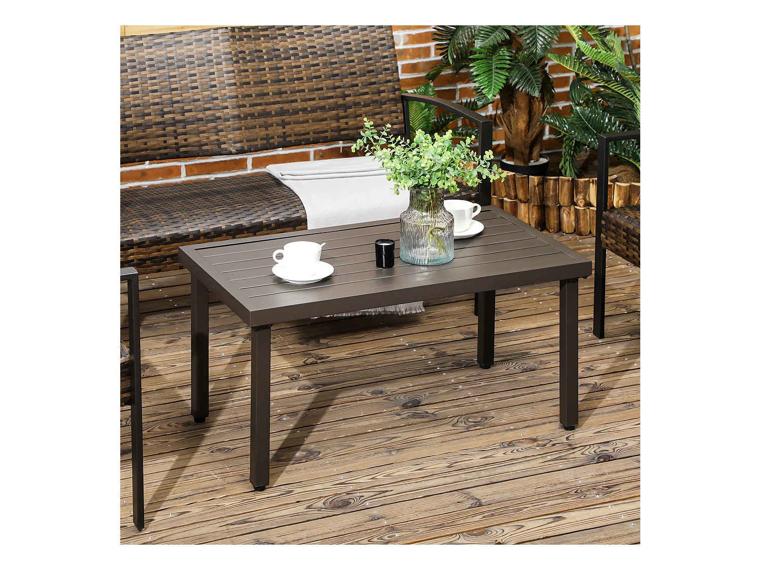 Table basse rectangulaire de jardin plateau à lattes pieds réglables dim. 91L x 51l x 46H cm acier marron
