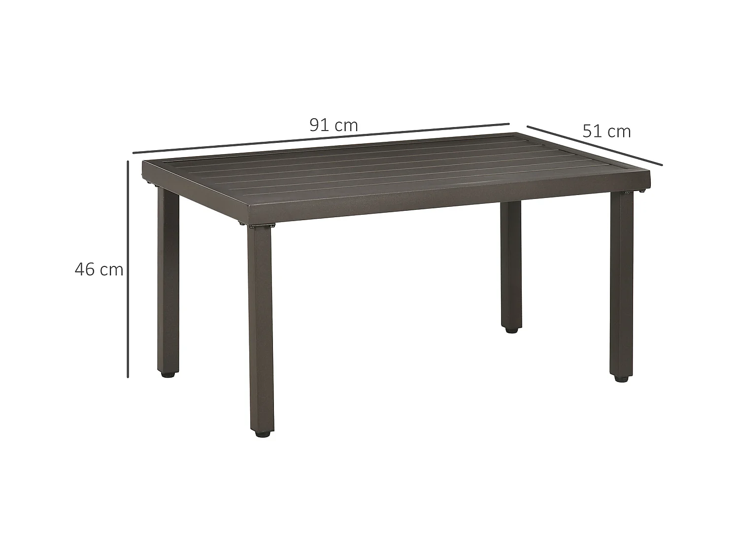Table basse rectangulaire de jardin plateau à lattes pieds réglables dim. 91L x 51l x 46H cm acier marron