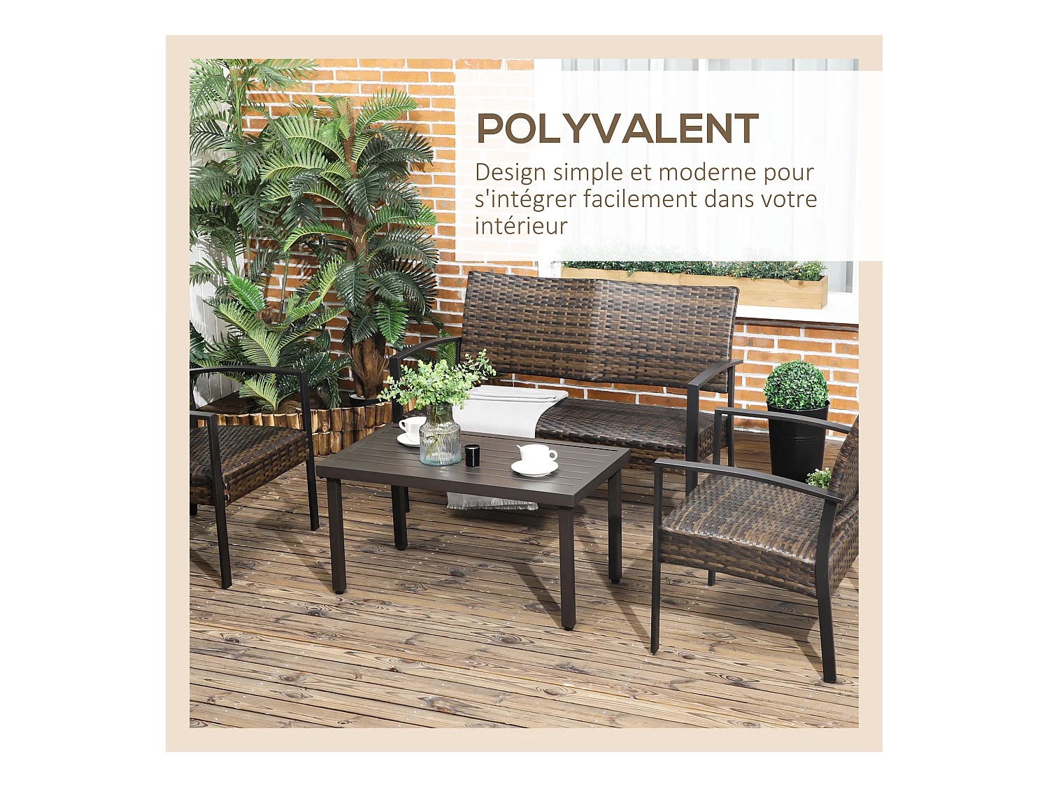 Table basse rectangulaire de jardin plateau à lattes pieds réglables dim. 91L x 51l x 46H cm acier marron